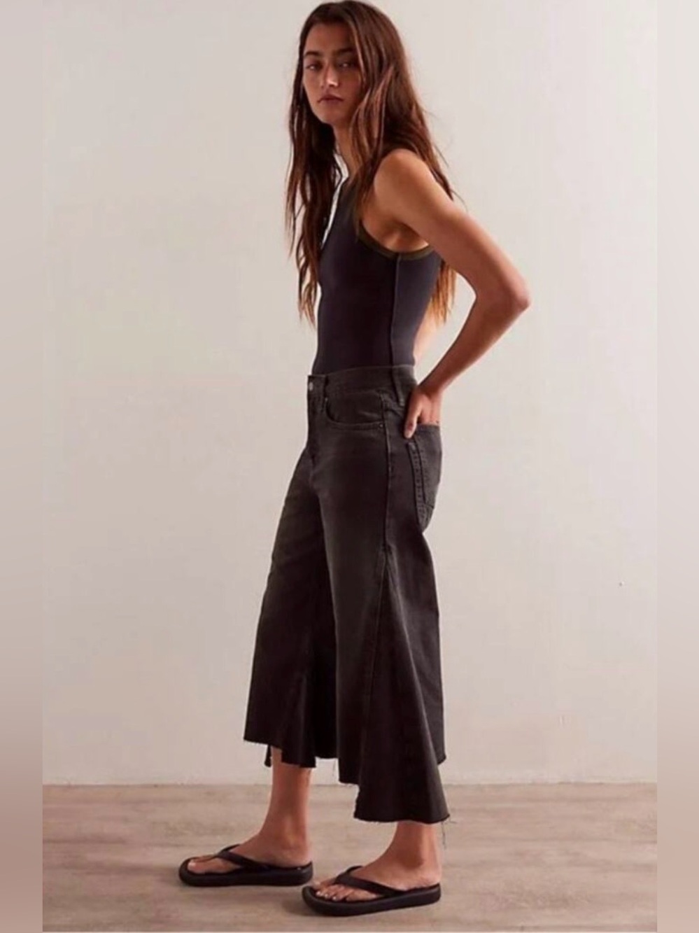 We The Free Black High-Waist Ripple Wide-Leg Crop Jeans